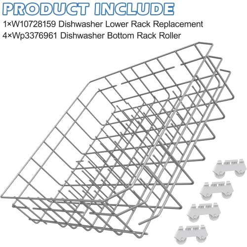 2026 UPGRADED W10728159 Dishwasher Lower Rack Replacement W10525646,Compatible with Kitchenaid Kenmore Whirlpool Maytag Dishwasher Bottom Rack Parts KDFE104DSS4/KDTE104ESS4,Comes 4pcs WP3376961 Roller
