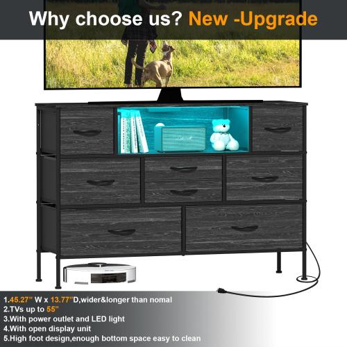 Charcoal black Wide Dresser with Charging Station and LED Light for Bedroom 8 Fabric Drawers Chest of Drawers with Power Outlet Storage Open Shelf for Living Room TV Stand Closet Hallway (Charcoal Black)