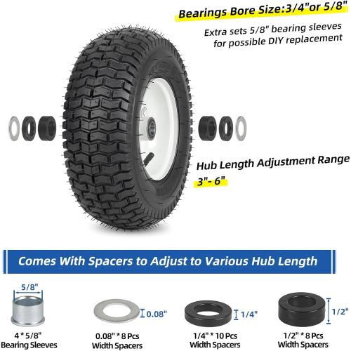Size 13x5.00-6 Rubber Lawn Mower Tire and Wheel, 2 Pcs Replacement 13x5-6nhs Riding Mowers Lawn Pneumatic Tire with Bearing Bore 3/4 & 5/8, 3 -4.5 Centered Hub