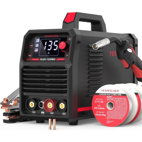 YESWELDER 135A MIG Welder, 110V Flux Core Gasless MIG/Lift TIG/Stick 3-in-1 Synergic Control LED Display Welding Machine, Bonus Flux Core Wire