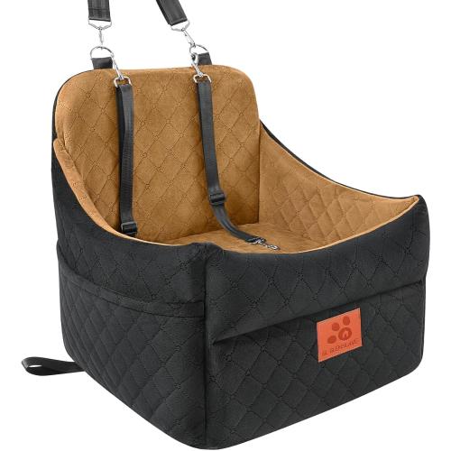 Dog Car Seat for Small/Medium Dogs, Dog Booster Car Seats with Thick Cushion for Dogs Under 35lbs, Detachable Washable Pet Carseat with Storage Pockets, 2 Safety Belts(Black/Coffee)