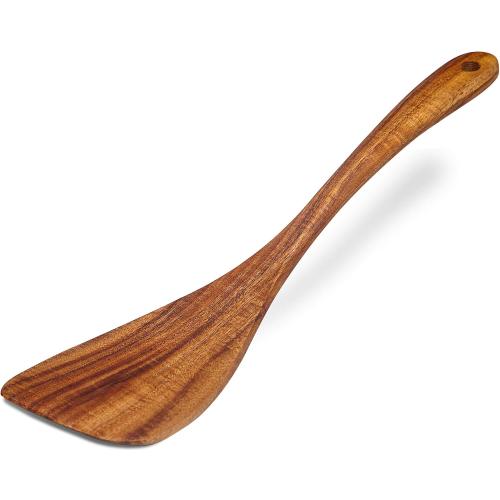Wooden Spatula Nonstick Turner Acacia Wood, Right Long Handle Flat Frying Spatulas Handmade for Mother Wife Grandma Her Kitchen Gift, Ideal Cookware Utensils for Cooking Eggs, Fish, Pancakes