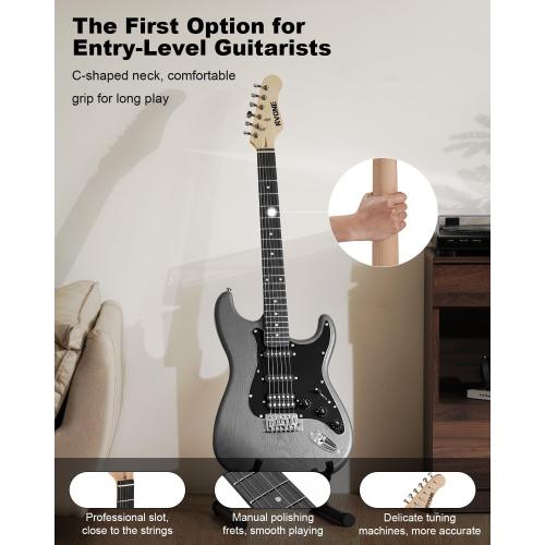 RST-150 39 Beginner Electric Guitar Kit with Amp & HSS Pickups | Complete Starter Set for Newcomers w/Essentials | Gig Bag, Extra Strings, Digital Tuner, Capo, Strap | Home Practice (Black)