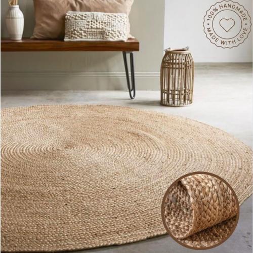 Handwoven Jute Braided Area Rug- Rustic Vintage Beige Reversible Rugs Eco Friendly Rugs for Bedroom Kitchen Living Room Farmhouse (Natural-6' Round)