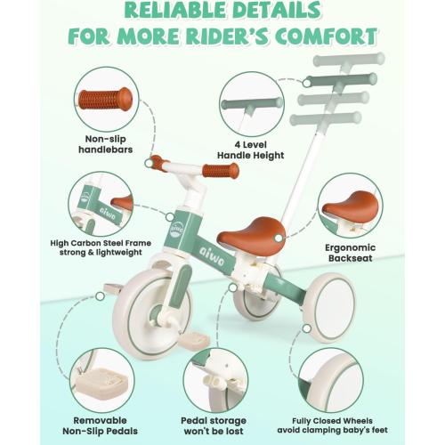 aiwo 5in1 Tricycle for Toddlers 1-3, Toddler Balance Bike for 1 to 4 Year Old Kids Boys Girls First Gift, Ride-on Toys Toddler Bike with Push Handle (Steering)