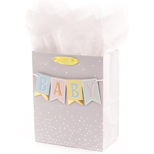 Hallmark 9 Medium Baby Gift Bag with Tissue Paper - Baby Banner in Grey, Pink and Blue for Baby Showers, New Parents, and More