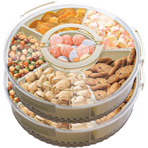 Divided Rotating Serving Tray with Lid & Handle, Portable Snack Spinner for Fruits, Veggies, Charcuterie, Party, Travel, Picnic, and Fridge Storage 2PCS