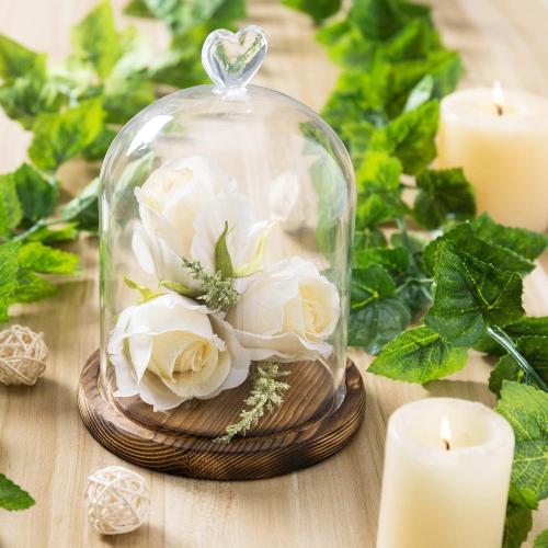 MyGift 6 Inch Small Clear Glass Cloche Bell Jar Display Case with Heart Top Handle and Dark Brown Wooden Base (5.6 x 7.6)