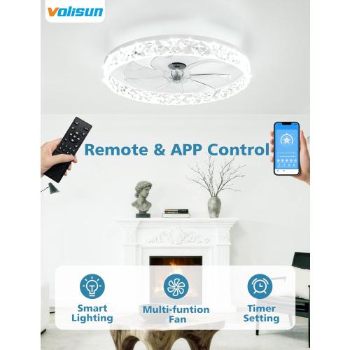 VOLISUN Low Profile Ceiling Fan with Lights and Remote, No Assembly, 20in Modern Ceiling Fans Flush Mount, 3000K-6500K Dimmable Bladeless LED Fan Light, White Fandelier Ceiling Fans for Bedroom