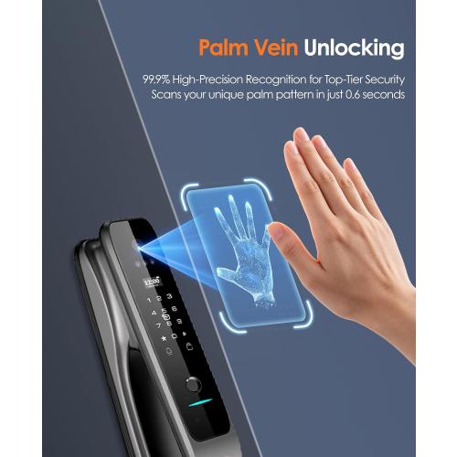 3D Face Recognition Smart Lock with Camera, Palm Vein Keyless Entry | 8-in-1 fingerprint front door lock with handle, video doorbell, 2-way talk, Tuya app, mortise lock, IP67 and loitering alarm.