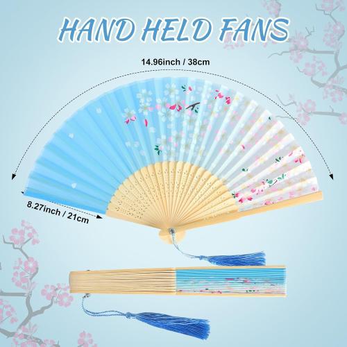 Zonon 4 Pack Handheld Floral Folding Fans Hand Held Silk Bamboo Fans with Tassel Women Hollowed Hand Foldable Fan with Fabric Sleeve for Dancing Wedding Decoration Gifts(Chic)