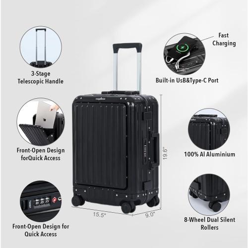 magallanes 20 Inch All Aluminum Carry On Luggage with Laptop Compartment - Zipperless Hard Shell Suitcase, 22x14x9 Airline Approved with Dual TSA Locks & Silent Spinner Wheels, Black
