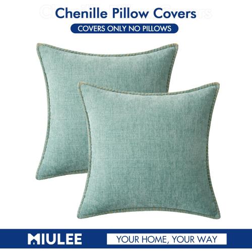 MIULEE Pack of 2 Couch Throw Pillow Covers 18x18 Inch Coastal Aqua Blue Farmhouse Decorative Pillow Covers with Stitched Edge Soft Chenille Solid Dyed Spring Pillow Covers for Sofa Bed Living Room