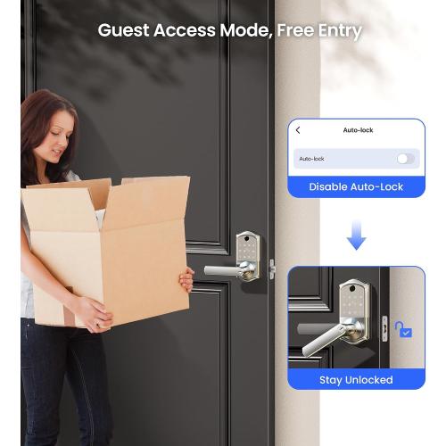 Veise VE019 Fingerprint Smart Lever Lock - APP Control, Keypad Door Lock with Handle, Keyless Entry for Front Door and Bedroom, Electronic Digital Knob, Remote Grant, IP55 Weatherproof, Satin Nickel