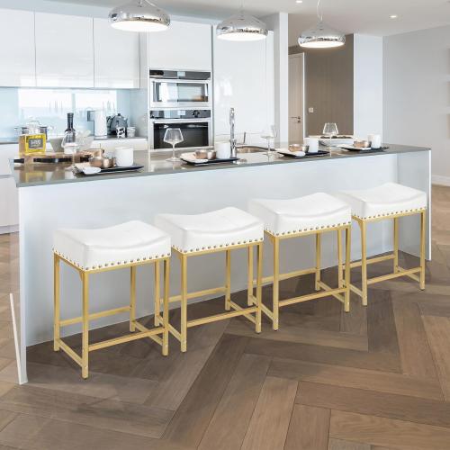 Bar Stools Set of 4 Counter Height, 24 Modern Off White & Gold Counter Stools Set of 4, Stools for Kitchen Counter, Modern Barstools Saddle Stool Backless Island(Off White Gold)