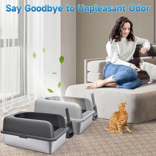 2 Pack Stainless Steel Cat Litter Box with Lid, XL Extra Large Metal Box for Big Cats, 24 L x 16 W x 12 H, Enclosed Litter Box High Sided, Non-Sticky, Include Litter Scoop