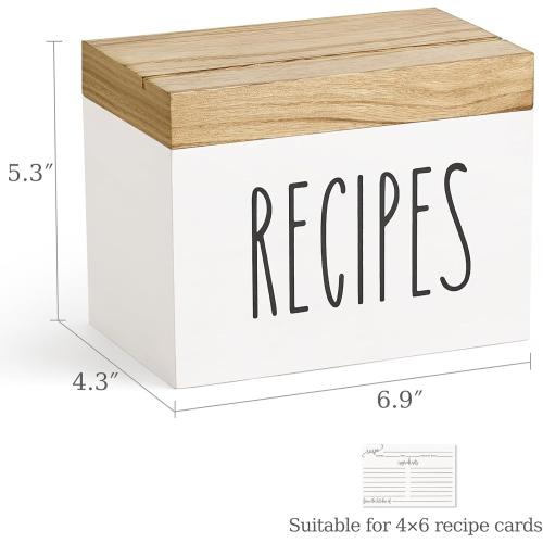 Dahey Wooden Recipe Box White Recipe Organizer with 100 Recipe Cards and 6 Dividers, Recipe Card Holder Box Set with Lid and Slots to Write in Your Own Recipes for Cooking Lover Kitchen, 6.9''x4.3''
