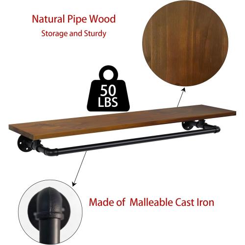 Bathroom Shelves Wall Mounted with Towel Bar, Industrial Pipe Single Tier Floating Shelf, Rustic Wood Shelf 42 Inch for Bathroom Kitchen Living Room Bedroom