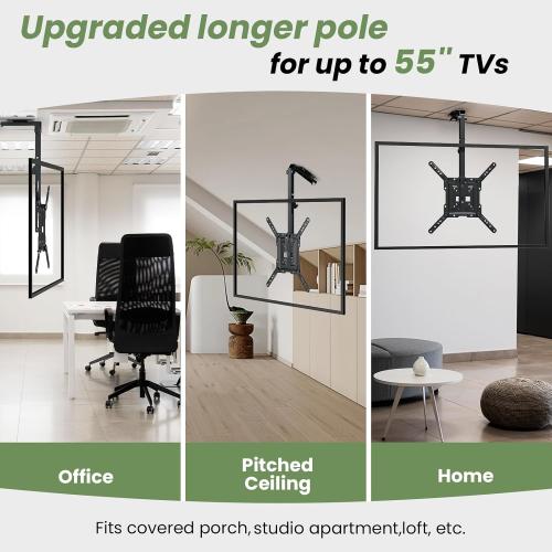Ceiling TV-Mount Flip Down Folding - 23-55'' Manual Drop Down TV Mount, Fits Flat and Pitched Roof, Height Adjustable, Swivel, Max Load 44 lbs, Max VESA 400x400 mm, Black