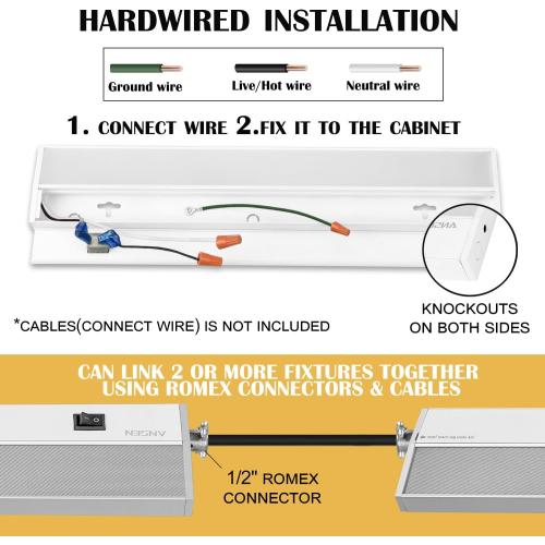 Ansen Hardwired Under Cabinet Lighting, 24in 18W LED Light for Kitchen/Closet, 1237lm, CRI>92, R9>90, 5 Color Temperature, Dimmable, 2700K-5000K(Warm White, Cool White, Daylight)