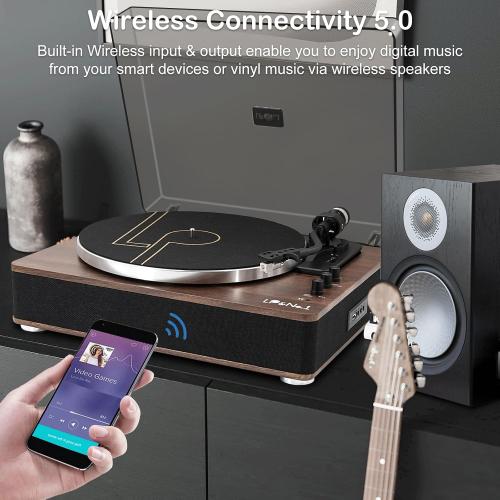 Color Brown and Black LP&No.1 Vinyl Record Player with Built-in Speakers, Vinyl Turntable with Magnetic Cartridge, Wireless,USB Recording and Playback,BT Out, Aux-in, Headphone Output,Auto Off, AT-3600L, 2-Speed Player