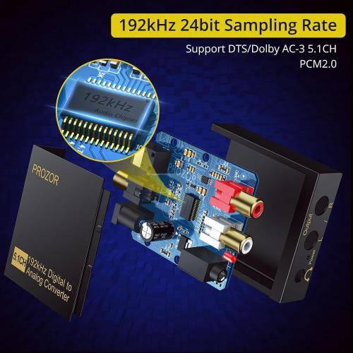 PROZOR 192Khz Digital to Analog Audio Converter Support 5.1CH Optical to RCA Converter with Magnetic Ring Power Cord Digital Toslink SPDIF to Analog L/R RCA 3.5mm Adapter for HDTV Blu-Ray DVD PS3 PS4