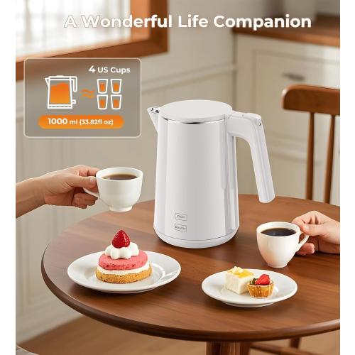 Electric Kettle Fast-Boil Stainless Steel Electric Tea Kettle, Water Boiler with Auto-Shut Off, Cool Touch PP Exterior for Home Office, White