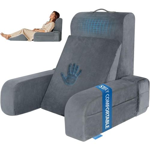 Kayfia Reading Pillow, 10 in 1 Back Pillow for Bed Sitting up with Detachable Arms Rest, Back Rest with Gel Memory Foam, Reading/Gaming/Working in Bed or Couch 19, Gray