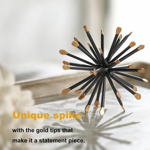 Black & Gold Sphere Decor, Metal Starburst Table Shelf Decor, Geometric Decorative Objects for Shelves, 3D Spike Decor Sculpture Home Decor Accents, 4.3”