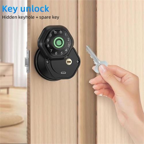 Smart Lock with Handle, Smart Fingerprint Door Lock Electronic Lock Round Knob with Password/Key/APP Unlock,for Bedroom/Front Door/Apartment(Black)