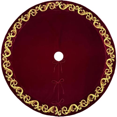 70 Inch Velvet Christmas Tree Skirt with Golden Swirl Embroidery and Lace Tie Closures, Burgundy