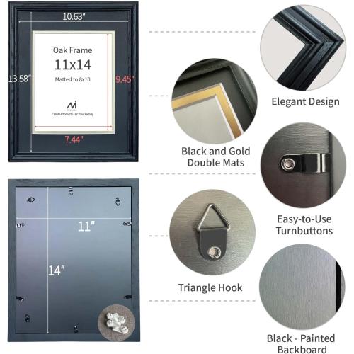 11x14 Picture Frame Matted to 8x10 - Thickened and Widened, Mortise & Tenon, USA Natural Oak Wood with Real HD Tempered Glass, Tabletop or Wall Mount Display Includes Wall Kit, Black Color, 1 Pack