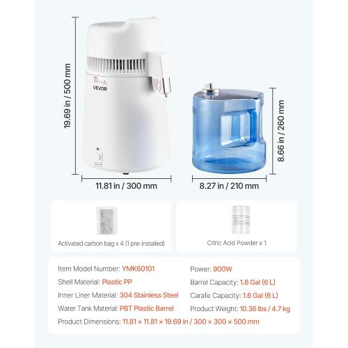 VEVOR Water Distiller, 6L/1.6 Gallon Larger Distilled Machine, 900W Distilling Water Maker, 0-99H Timing Set, Time & Temp Display, 304 Stainless Steel Interior Stiller with Plastic Carafe, White