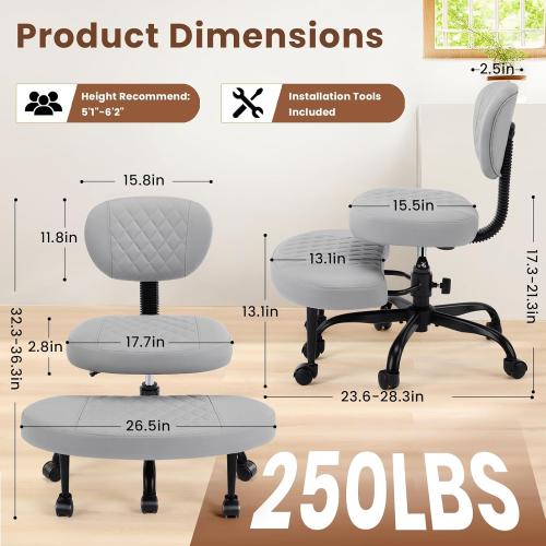 Cross Legged Office Chair with Wheels, Wide Criss Cross Kneeling Home Office Desk Chairs with Back Support, Ergonomic Adjustable Height ADHD Stool with Rotating Footrest for Yoga Meditation
