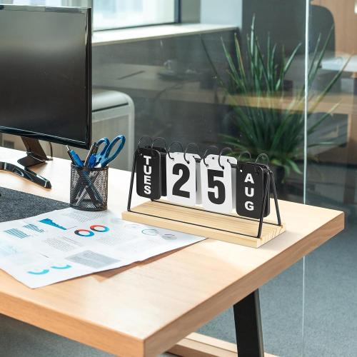 Metal Desk Calendar Standing Flip with Wooden Base, Daily Perpetual Flip Calendar with Large Display, Modern Farmhouse Desktop Calendar for Home Office Decor, Reusable and Foldable