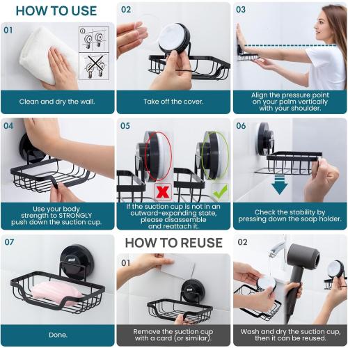 TAILI Soap Holder Dish Suction Cup, Bar Shampoo Rack for Shower Wall, Draining Soap Saver Tray for Bathroom, Rustproof Stainless Steel Sponge Holder for Tub, Kitchen, Drill-Free, Black