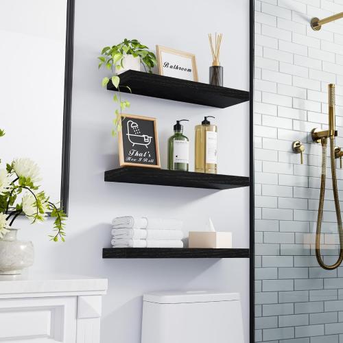 BAYKA Floating Shelves for Wall, Wall Mounted Rustic Wood Shelves for Bathroom, Bedroom, Living Room, Kitchen, Hanging Shelf for Books/Storage/Room Decor with 22lbs Capacity (Black, Set of 3, 15.7in)