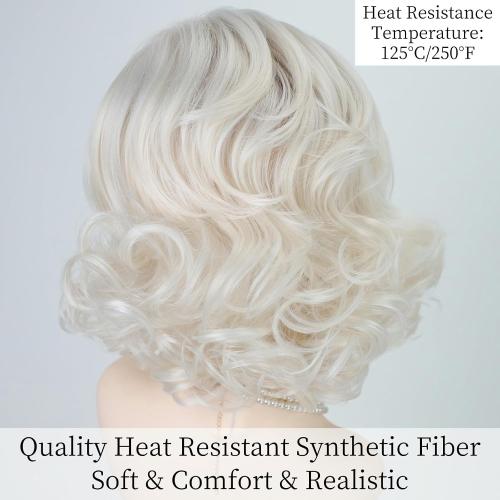 RENERSHOW Short Platinum Blonde Wave Curly Wigs for White Women 12inch Ombre Wavy Bob Wig Side Part Synthetic Average Size Wig Natural Looking Daily Party Wig