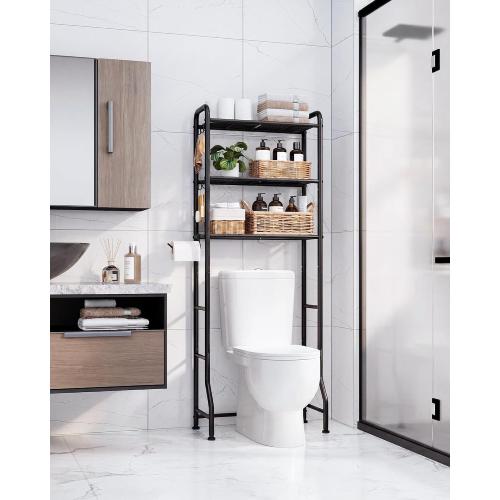 Kitsure Over Toilet Storage Rack - Metal Over Toilet Bathroom Organizer Shelf, Over the Toilet Storage Cabinet with Paper Holder and Hooks, Bathroom Cabinet for Laundry, Black, 3 Tiers (63.2 H)