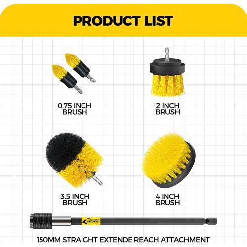 Holikme 6Pack Drill Brush Power Scrubber Cleaning Brush Extended Long Attachment Set All Purpose Drill Scrub Brushes Kit for Grout, Floor, Tub, Shower, Tile, Bathroom and Kitchen Surface，Yellow