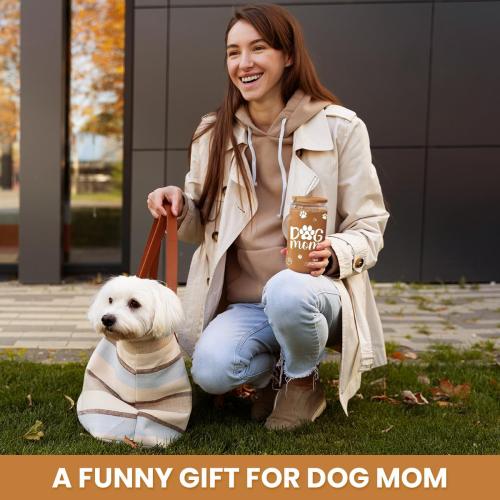 SANDJEST Dog Mom Cup 16 Oz Can Glass Coffee Mug with Bamboo Lid & Straw - Dog Lover Gifts for Women - Dog Mom Gift for Birthday Mothers Day