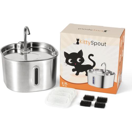KittySpout Stainless Steel Cat Water Fountain Automatic Drinking Fountain, Quiet Circulating Water Bowl, Dishwasher Safe, Indoor Pet Fountain for Hydrated Healthy Cats (Stainless Steel, 2.2L Corded)
