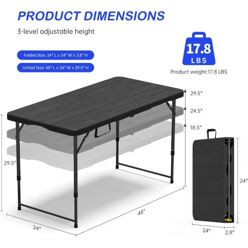 VSOAEIL Folding Table 4 Foot for Indoor Outdoor, Portable Heavy Duty Fold-in-Half Utility Small Plastic Adjustable Height Folding with Carrying Handle for Picnic Camping and Party, Matte Black