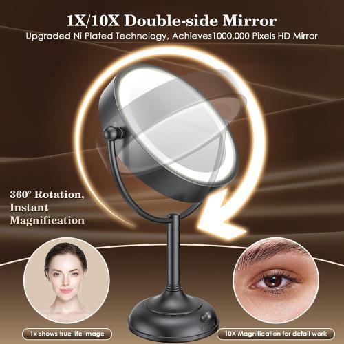 VESAUR Professional 8.5 Lighted Makeup Mirror, 1X/10X Double Sided HD Undistorted Magnifying Mirror with 3 Color 90 Dimmable LED lights, 360° Rotation Vanity Mirror, Unique Black Nickel with Gift Box