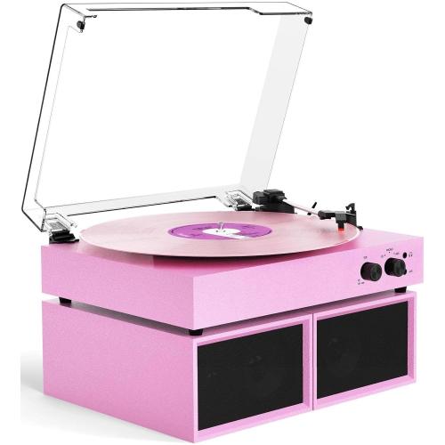 DANFI Bluetooth Turntable with External Speakers | 3-Speed Vinyl Record Player | PC Recording & RCA/AUX Output | Pink Retro Design for Home Decor & Gift