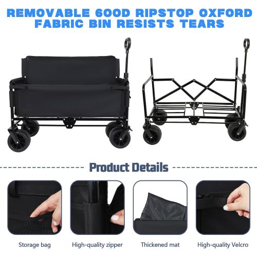 Heavy-Duty 3-in-1 Convertible Folding Wagon Cart with Bench Seat - 500lbs Capacity All-Terrain Utility Wagon, 180L Storage for Camping, Beach, Garden, Sports (Black)