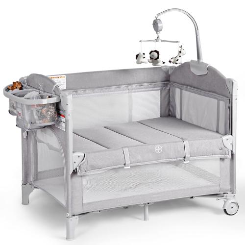 Baby Bassinets Bedside Sleeper, 4 in 1 Portable Bedside Crib w/Mattress, Diaper Changer, Storage Basket, Music Box, Carry Bag, Foldable Playard Sleeper for Newborn (Light Gray)