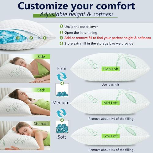 Memory Foam Pillows, Cooling Pillows Queen Size Set of 2 Adjustable Firm Bamboo Bed Pillows for Hot, Side, Back and Stomach Sleepers