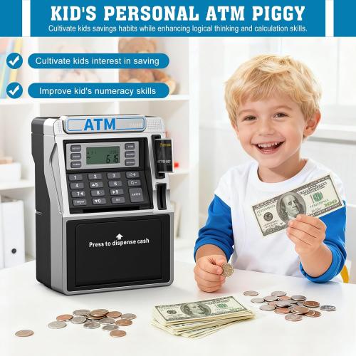ATM Piggy Bank for Kids Rechargeable, Power-Off Memory for Real Money Safe with Debit Card, Coin Recognition,Bill Feeder,Balance Calculator, Kids ATM Machine for Boys Girls