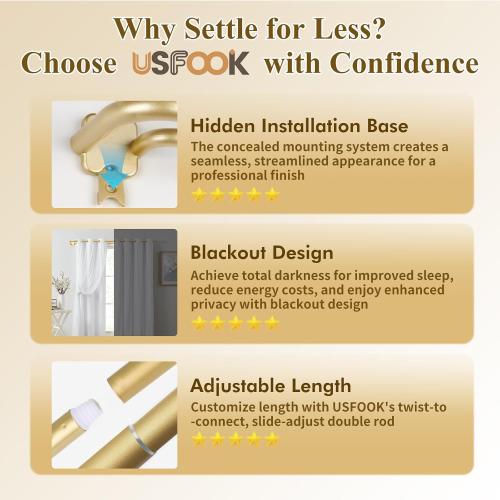 Gold Double Curtain Rods 32 to 58 Inch (2.6-4.8ft), USFOOK Blackout Wrap Around Curtain Rods for Windows 20 to 54 Inches, 6/8 Inch Room Darkening Curtain Rod, Decorative Rods for Home